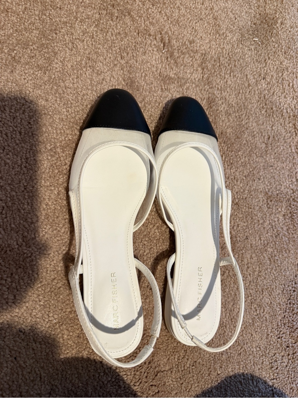 Marc Fisher Two-Tone White Slingback Flats with Black Cap Toe
